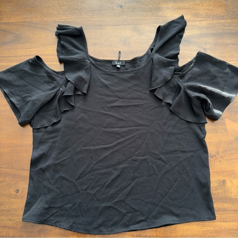 Love J Womens Size Large Black Open Shoulder Shirt Drop Sleeve Ruffle Top Flirty